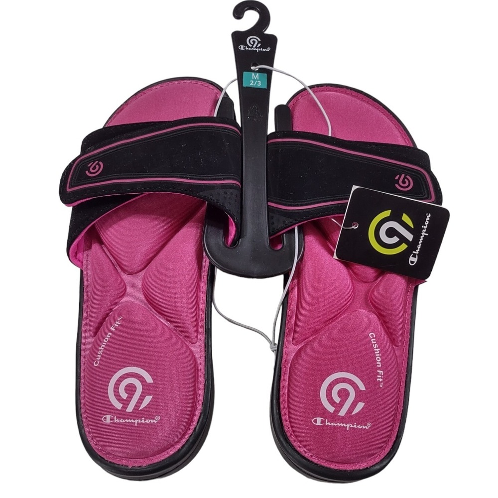 C9 Champion Girl's M  2/3 Valma Sport Memory Foam Slide Sandals Black/Pink  Logo